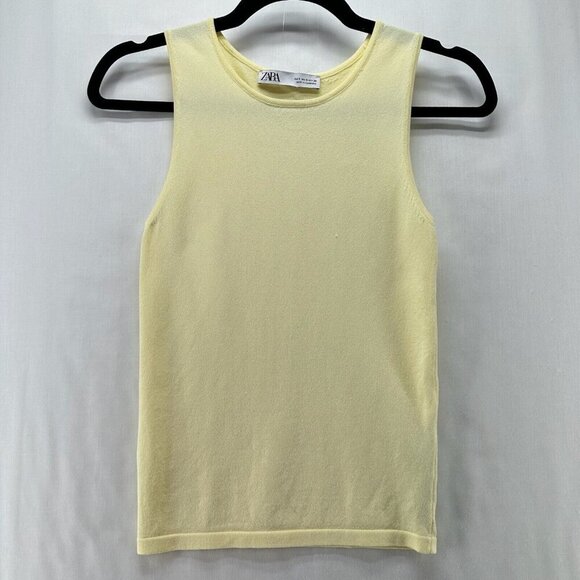 ZARA Sweater Womens Sz S Ribbed Tank Round Neck Sleeveless Viscose Nylon Yellow - Picture 1 of 10
